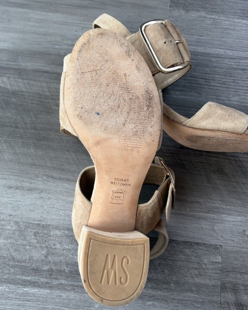 Stuart Weitzman City Sandals Size 11 Tan Suede Big Buckle Slingback Block Heel - Picture 7 of 9